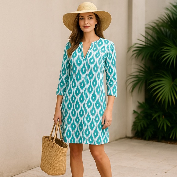 Gretchen Scott tunic boho beach coverup teal & white ikat great condition, small - Picture 1 of 12